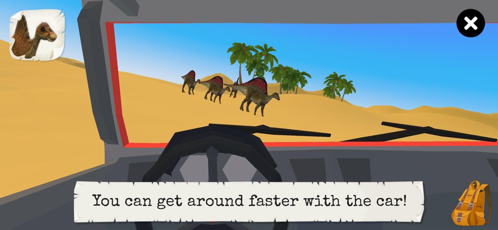 4DKid Explorer: Dinosaurs Full - Vista en primera persona de conducir un vehículo por un desierto para encontrar dinosaurios
