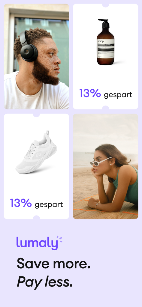 Lumaly - Lumaly App-Promo-Bildschirm, der 13 Prozent Einsparungen auf Produkte und den Slogan Mehr sparen, weniger bezahlen zeigt