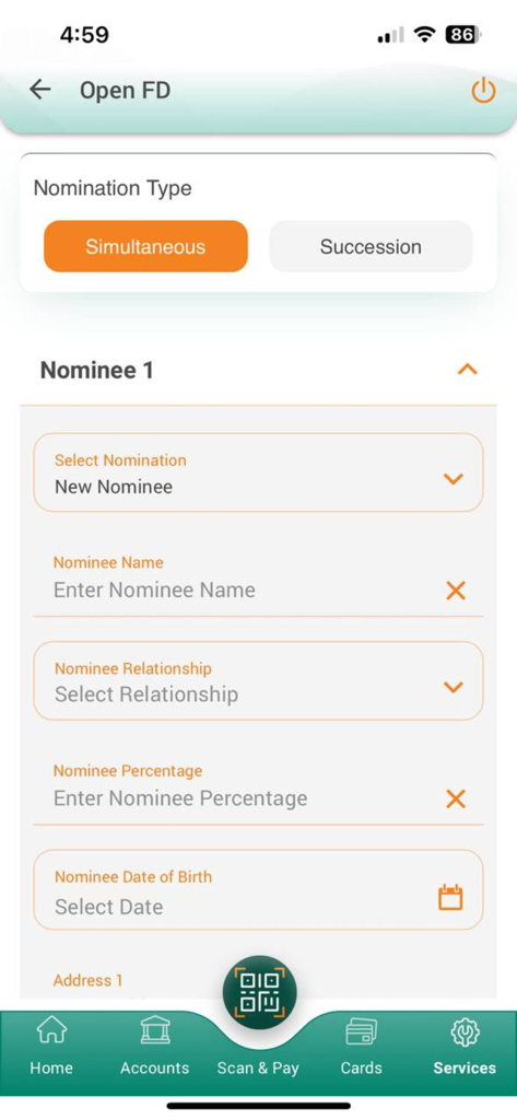 IDBI Bank GO Mobile plus app screen for adding nominee details when opening a new fixed deposit account