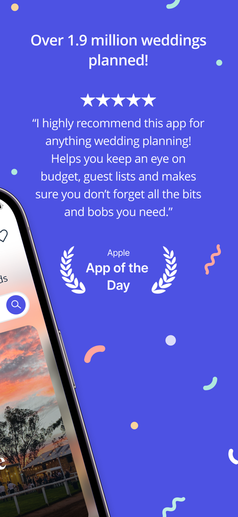 App Bridebook per l'organizzazione di matrimoni che mostra una recensione a cinque stelle e il premio "App del Giorno" di Apple.