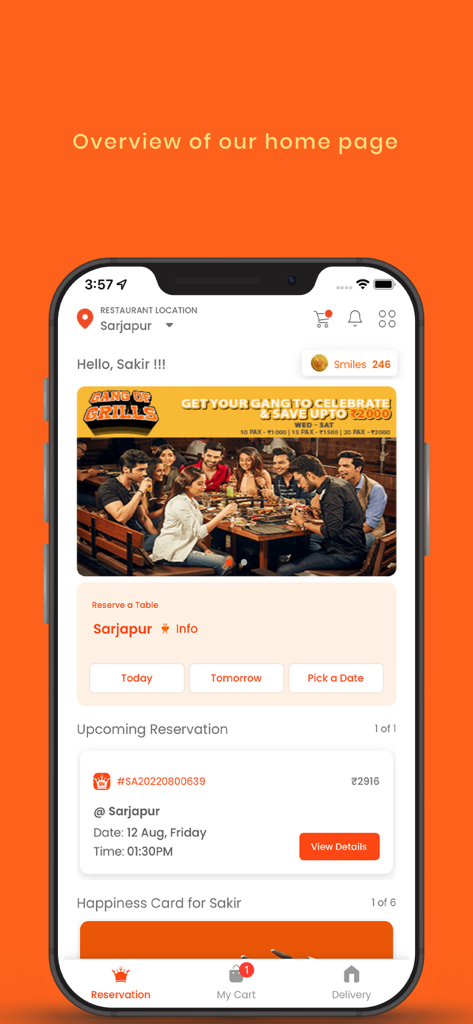 Barbeque-Nation - Barbeque Nation mobile app home screen showing table reservations and Smile Club loyalty points
