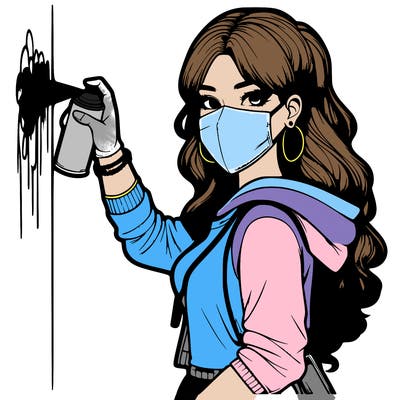 realistic girl with mask spray painting a wall