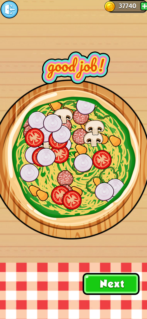 A pizza with vegetable and pepperoni toppings in a kids cooking simulation game