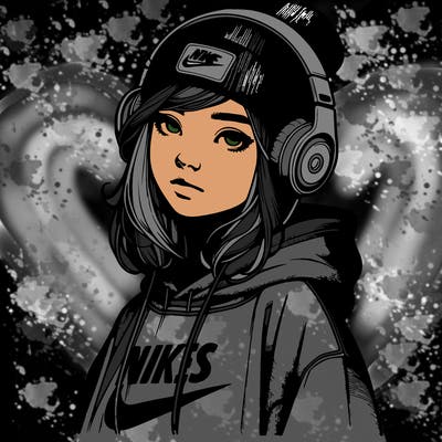 realistic girl wearing a hoodie and a beanie and headphones and nikes