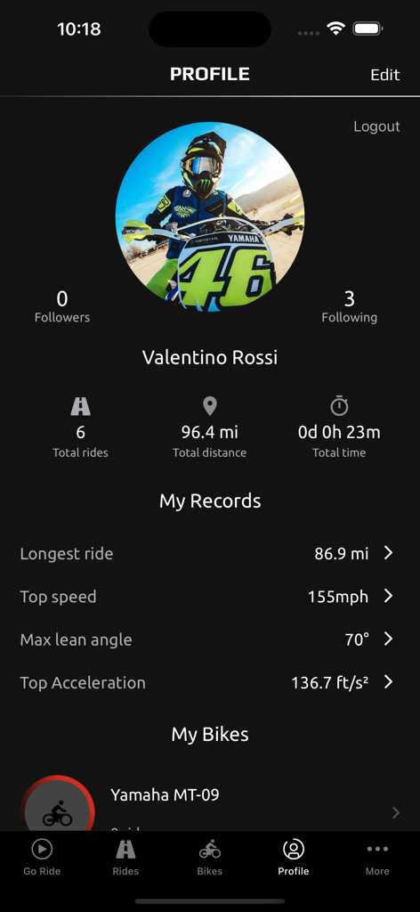 MyRide – Motorcycle Routes - User profile screen in MyRide app showing motorcycle riding statistics and records