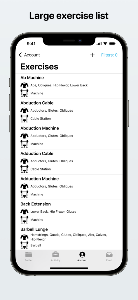 A mobile interface displaying a detailed library of gym exercises with target muscle groups and equipment types.