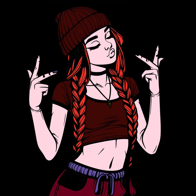 realistic teenage girl with braids and a beanie and crop top doing 🫶🏼
