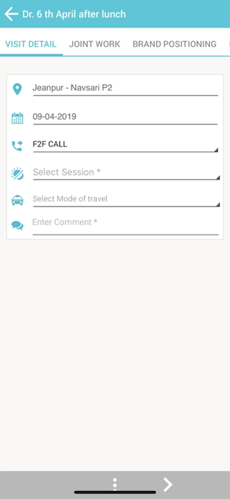 Phyzii Mobile 2.3 - Visit detail reporting screen on Phyzii Mobile app