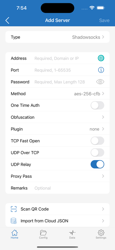 Shadowrocket-Oberfläche zum Hinzufügen und Konfigurieren eines Shadowsocks-Proxy-Servers.