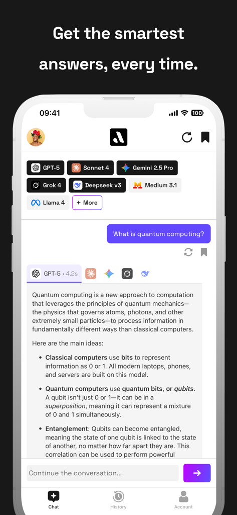 Apollo: Multi-Model AI Chat - Apollo mobile app screen showing a chat interface with a choice of various AI models like GPT-5 and Gemini