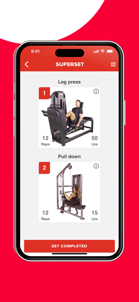 GoodLife Fitness App-Bildschirm zeigt ein Superset-Workout mit Beinpresse und Klimmzugübungen mit Details zu Wiederholungen und Sätzen.