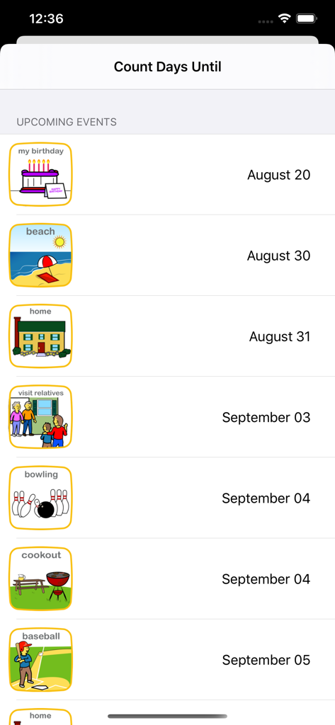 Choiceworks Calendar - Choiceworks Calendar app screen showing a list of upcoming events with picture icons and dates.