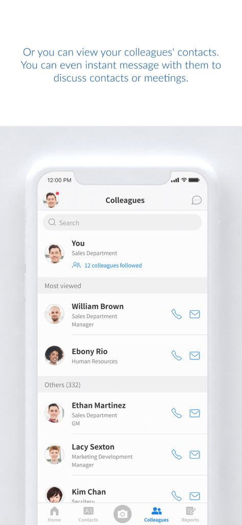 Sansan - Sansan app interface showing an internal corporate directory of colleagues with job titles and contact options