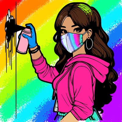 realistic girl with mask spray painting a wall