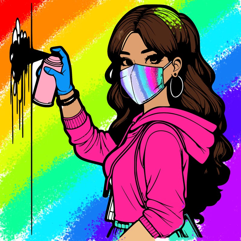 realistic girl with mask spray painting a wall