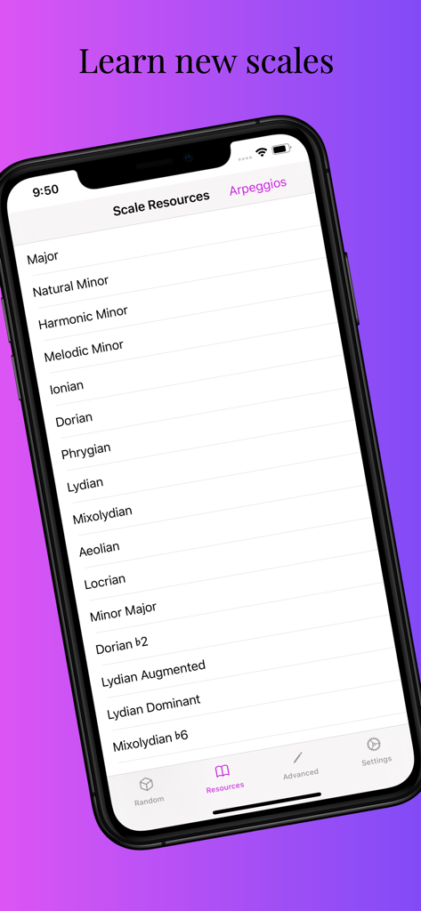 A list of musical scales and modes in the Scale Resources section of the app