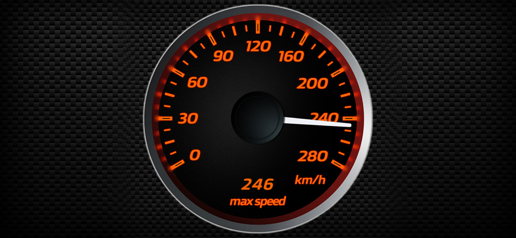 Speedometers & Sounds of Cars - カーボンファイバーの背景にオレンジ色の数字が表示された、詳細なデジタルカースピードメーター。