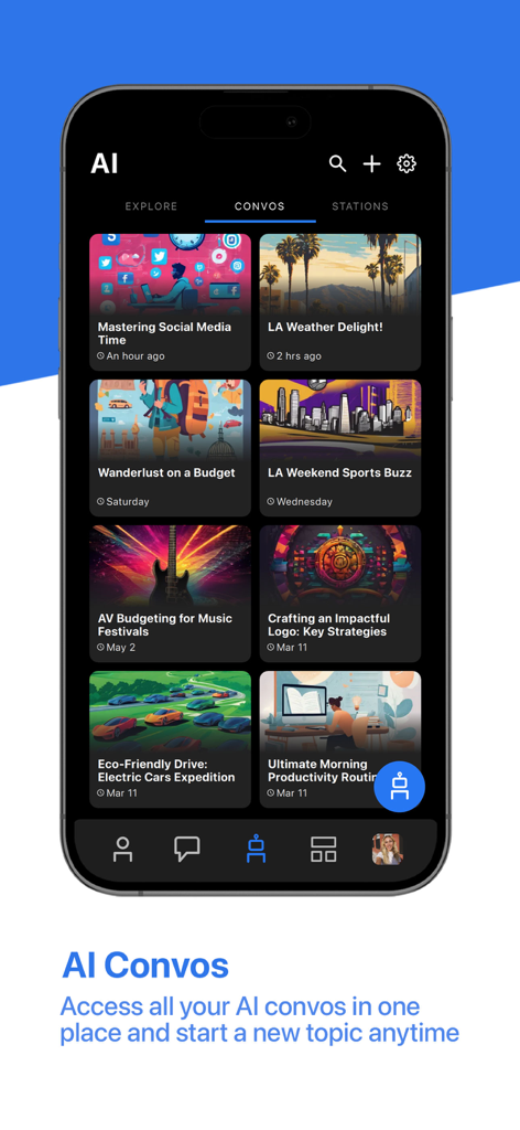 FYI.AI (Focus Your Ideas) - A mobile interface of the FYI.AI app showing a grid of AI conversations with creative topics and colorful thumbnails.