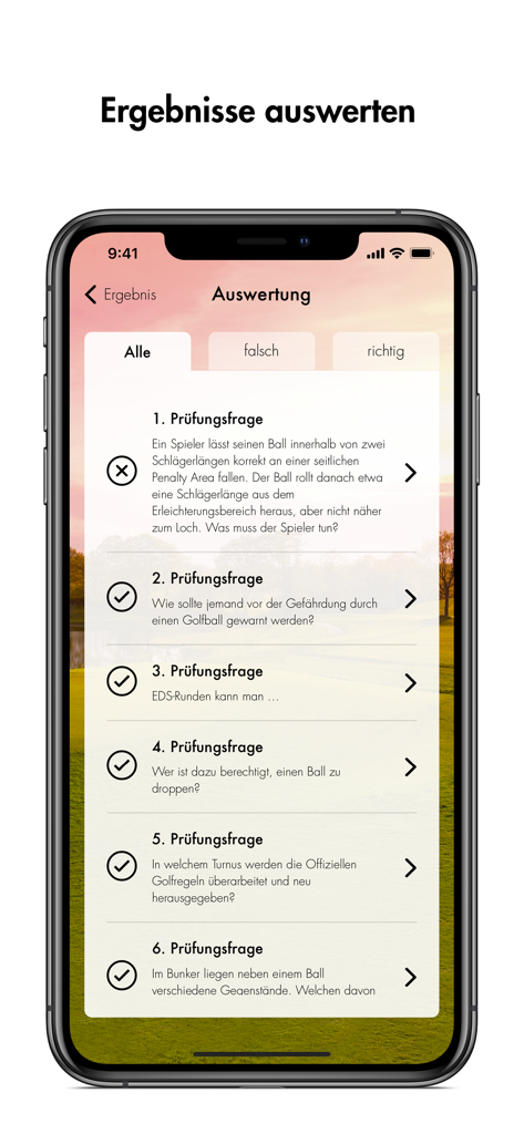 DGV-Platzreife - Evaluation screen showing correct and incorrect answers for golf exam questions