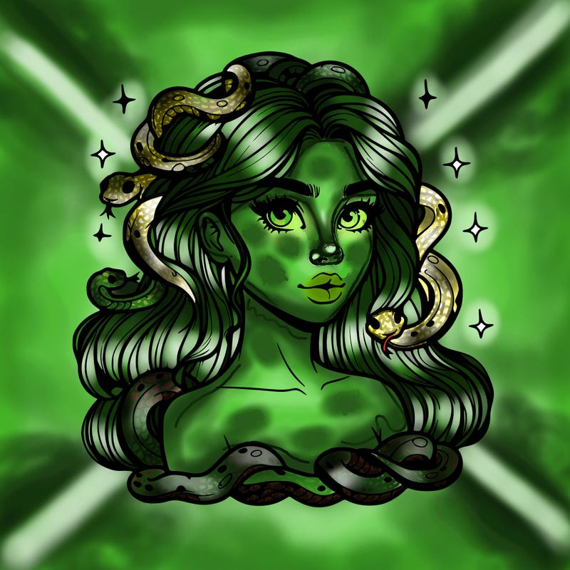 realistic girl with snakes as hair