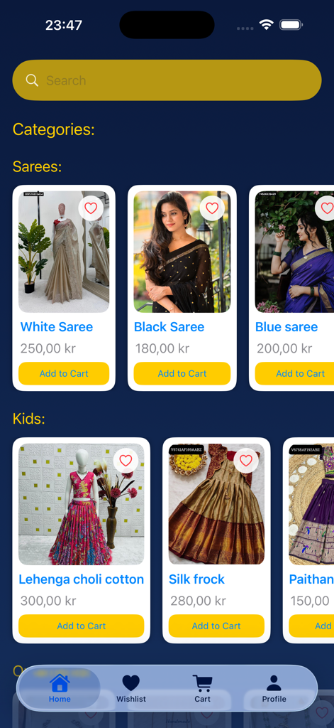 Deshi-Boutique - Mobile app interface for Deshi Boutique showing traditional saree and kids ethnic wear categories with product images and prices