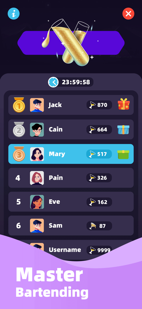 Water Sort Master-Color Puzzle - マスターバーテンディングチャレンジのプレイヤーランキングとスコアを示すリーダーボード画面。