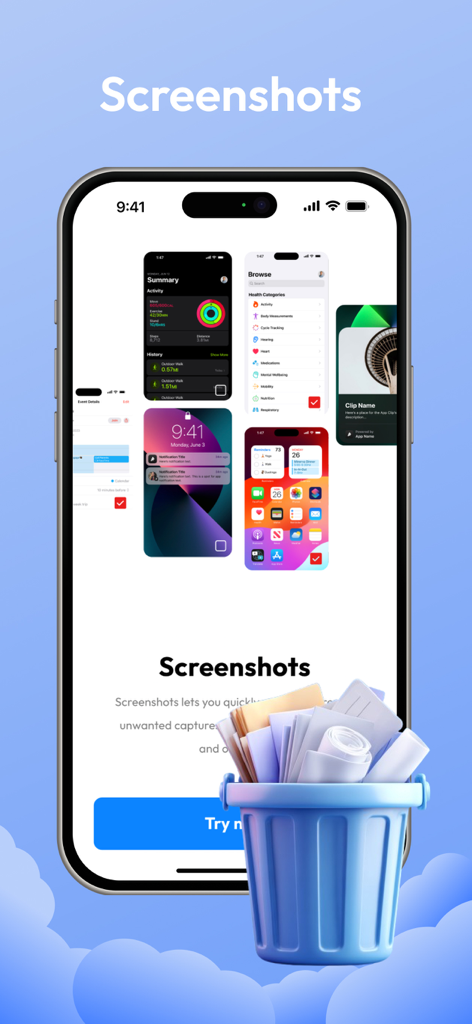 AI Cleanup: Photo Cleaner - Interface of the AI Cleanup app showing how to manage and delete screenshots with a trash bin icon