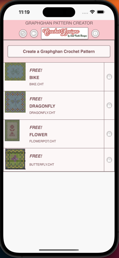 Graphghan Pattern Creator - Main screen of Graphghan Pattern Creator showing a list of free patterns including bike dragonfly flower and butterfly
