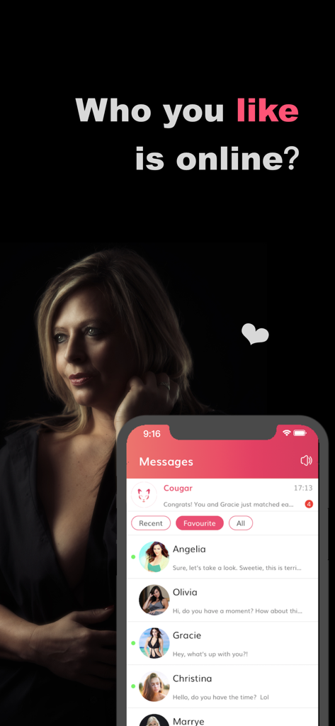 Cougar Dating Adults Singles - Teléfono inteligente mostrando la lista de mensajes en la aplicación de citas Cougar con una mujer madura al fondo