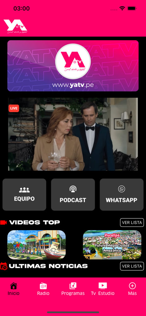 YATV - 페루 푸칼파의 라이브 스트리밍 및 지역 뉴스를 보여주는 YATV 모바일 앱 인터페이스