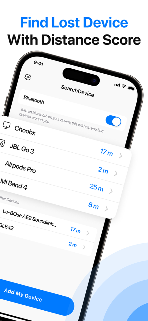 Tag Tracker & Pods Air Finder - App interface showing a list of nearby Bluetooth devices with their real time distances in meters