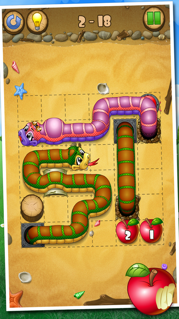 Snakes and Apples - A beach themed puzzle level in the game Snakes and Apples featuring two snakes navigating a grid.