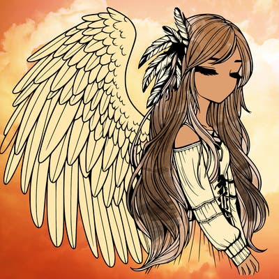 realistic girl with bird wings and some feathers in her hair
