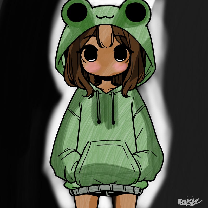 girl with baggy sweatshirt and frog hood