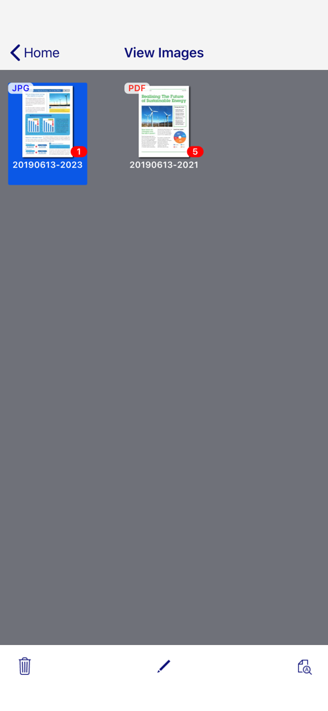 Un écran de l'application Epson DocumentScan affichant une galerie de documents numérisés aux formats JPG et PDF.