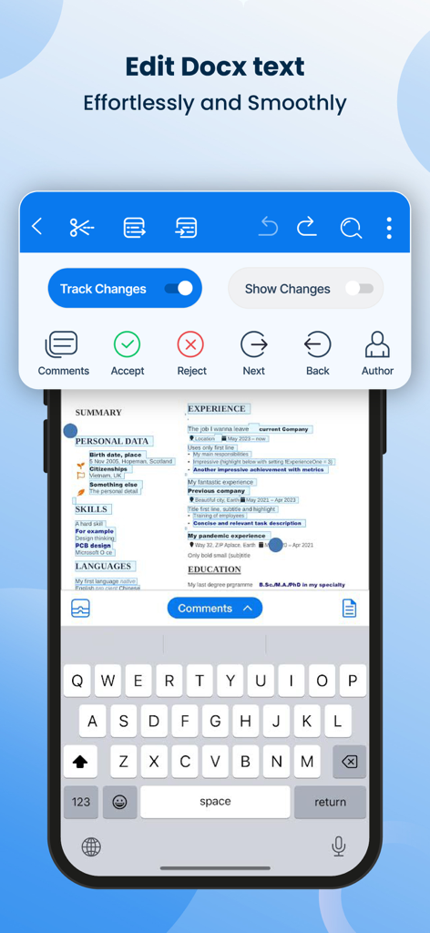 Office Word Editor:Docs, Share - Mobile App-Oberfläche zur Bearbeitung von Word-Dokumenten mit Funktionen zur Nachverfolgung von Änderungen und Überprüfungstools