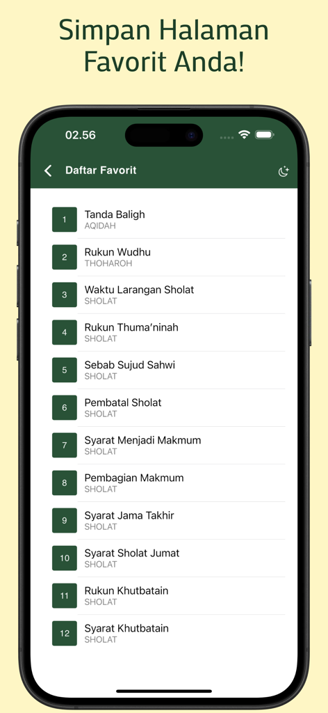 Safinatun Najah - The favorites screen in the Safinatun Najah app displaying a list of bookmarked Islamic jurisprudence topics.