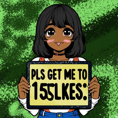 realistic girl holding up a sign that says “pls get me to 15 likes!”