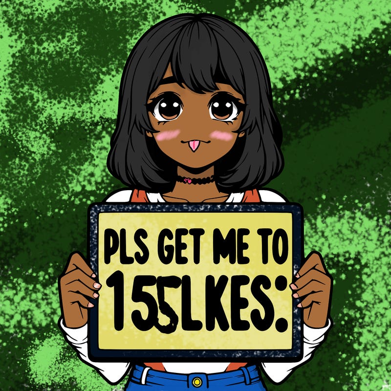 realistic girl holding up a sign that says “pls get me to 15 likes!”