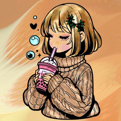 manga girl drinking boba in cozy sweater
