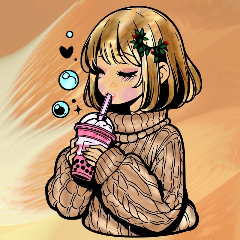 manga girl drinking boba in cozy sweater