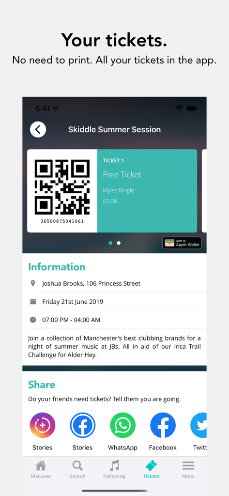 Skiddle: Events and Tickets - Entrada digital para un evento con código QR e información del evento en la interfaz de la aplicación Skiddle.