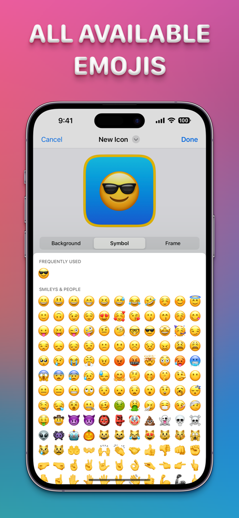Una captura de pantalla de la aplicación Icon Changer mostrando una gran biblioteca de emojis disponibles para crear íconos personalizados para la pantalla de inicio.