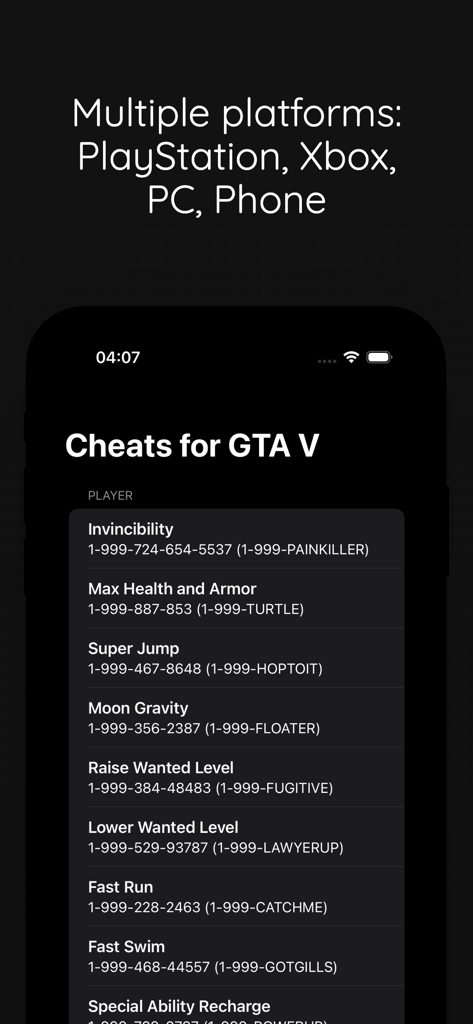 Une liste de codes de triche pour joueurs GTA 5 affichée dans l'interface d'une application mobile en mode sombre