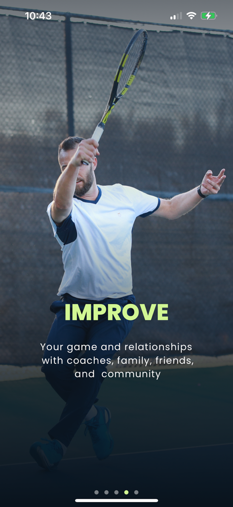 A tennis player mid-swing on a court with the word IMPROVE and text about game development.