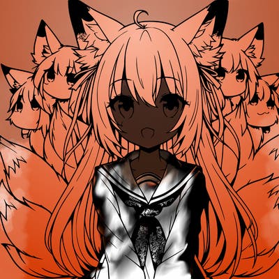 anime girl with fox ears and nine fox tails