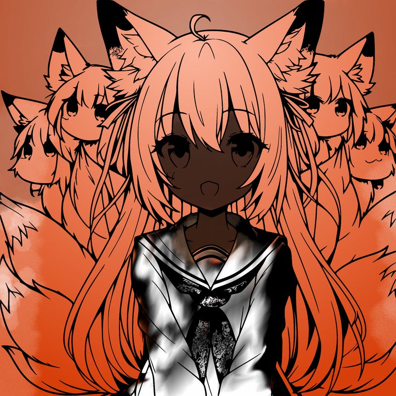 anime girl with fox ears and nine fox tails