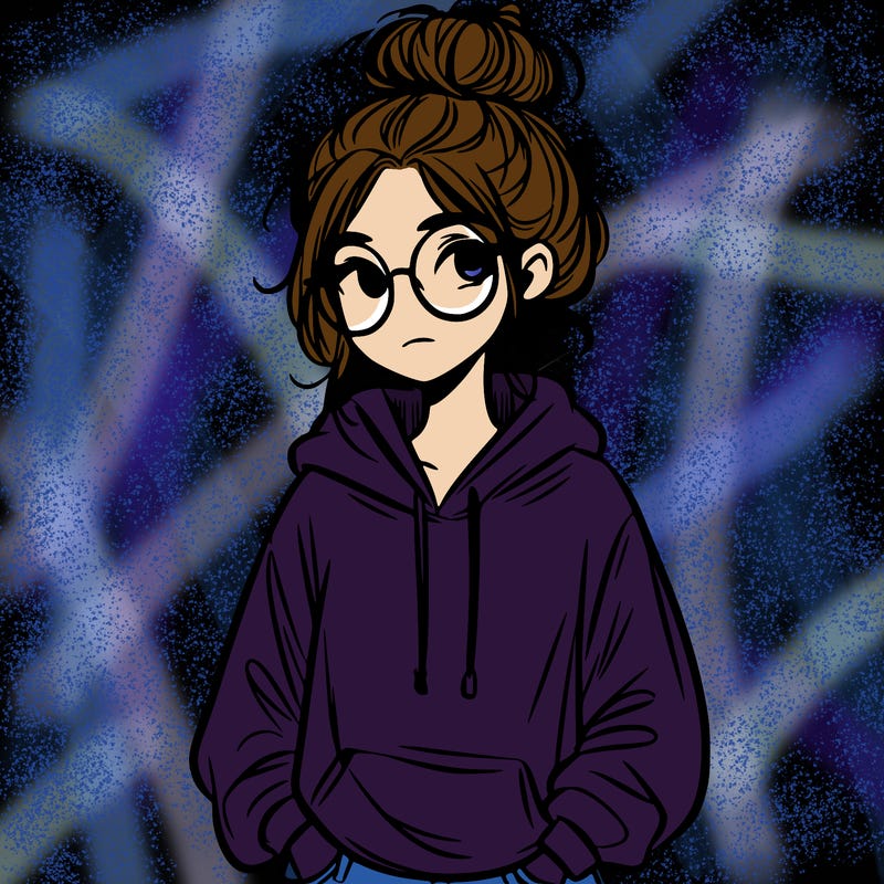 teen girl with a messy bun and glasses wearing a loose hoodie and jeans