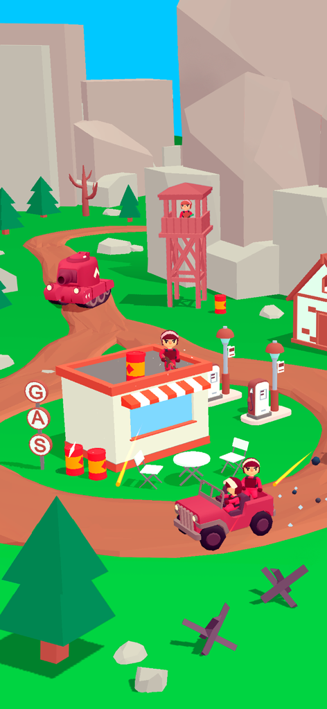 Tank Sniper: 3D Shooting Games - Una escena de juego 3D de bajos polígonos de Tank Sniper con un tanque rojo y enemigos militares cerca de una gasolinera.