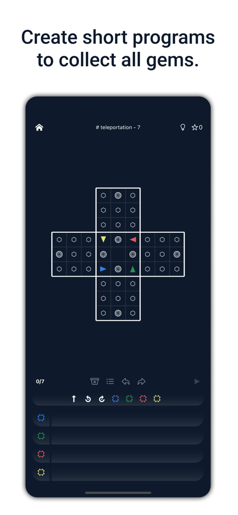 A screenshot of the Recursive app showing a logic puzzle level where players create programs to guide robots on a cross-shaped grid.